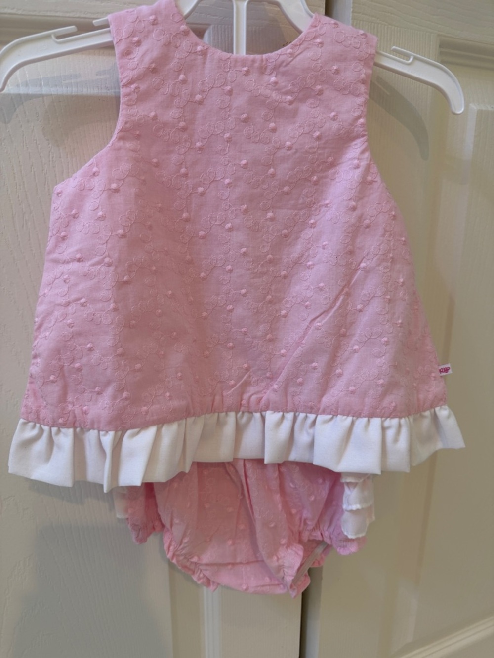 Ruffle Butts Pink Textured Dress with White Ruffle Hem & Matching Bloomers